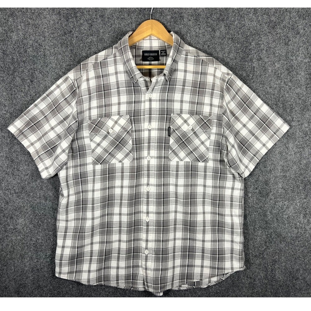 Harley-Davidson Mens 2XL Gray White Plaid Short Sleeve Cotton Button Up Shirt
